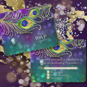 Peacock Feather Wedding Gold Glitter Jewelled RSVP