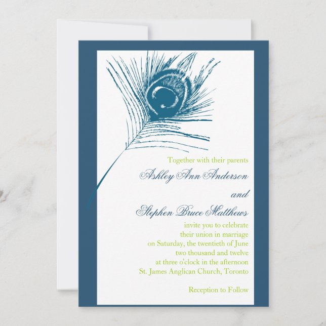 Peacock Feather Wedding Invitations Blue Green (Front)