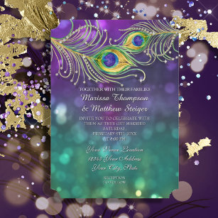 Peacock Feather Wedding Jewelled Feathers Bokeh Invitation