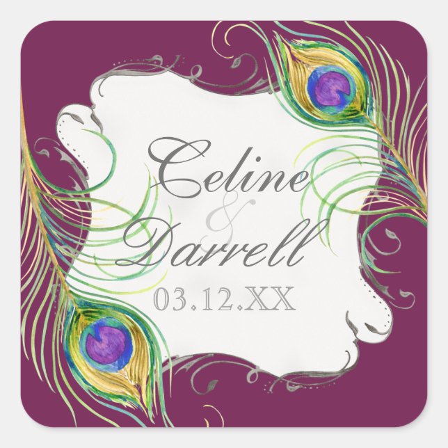 Peacock Feather Wedding Sticker or Seal (Front)