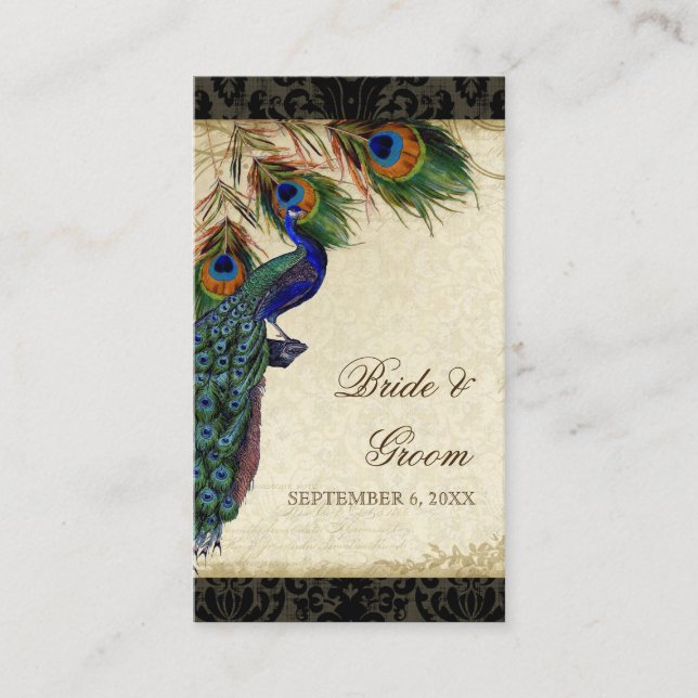 Peacock & Feather Wedding Table Seating Escort Place Card (Front)