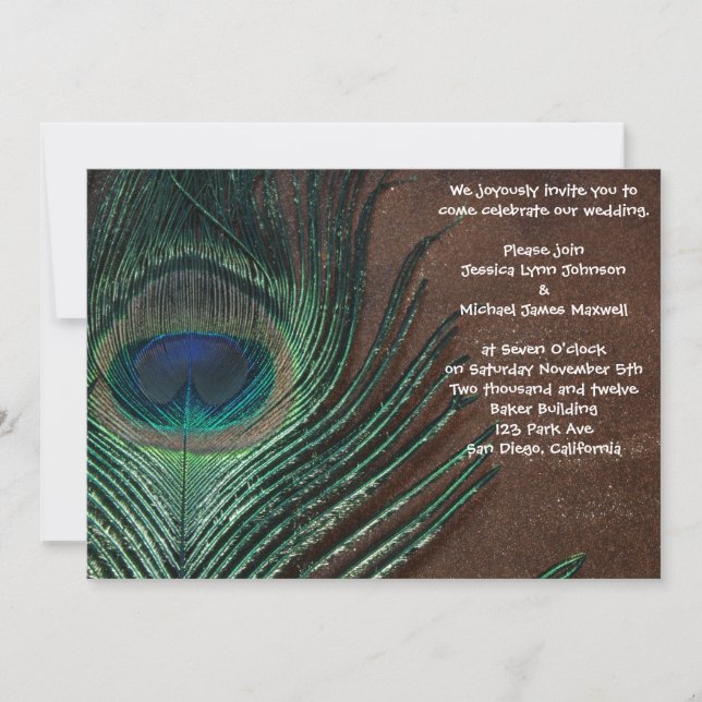 Peacock Feather with Brown and Gold Invitation (Front)