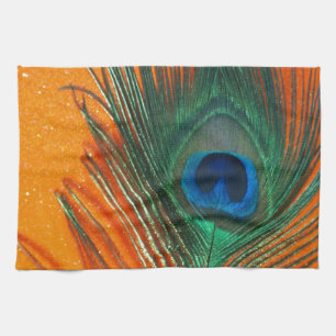 Peacock feather with Orange Glitter Still Life Tea Towel