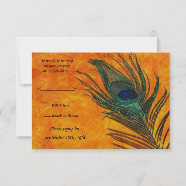 Peacock Feather with Orange Wedding RSVP Cards (Front)