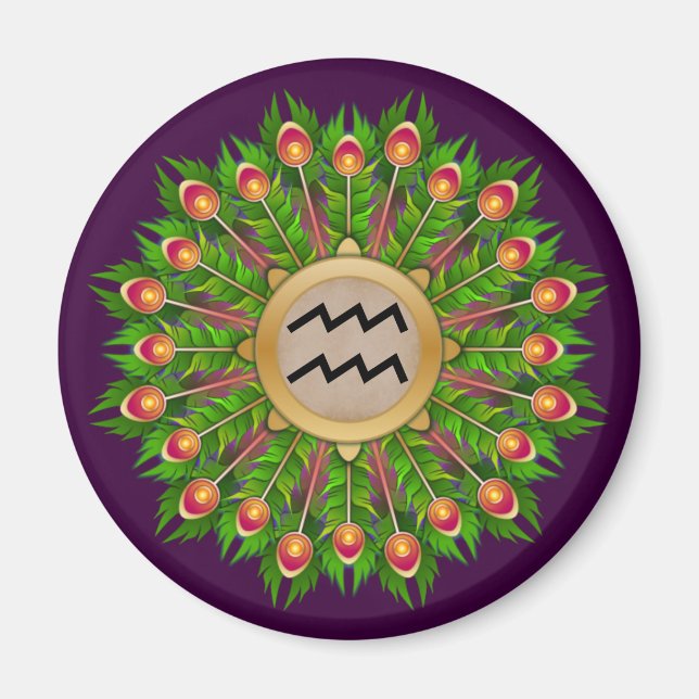 Peacock Feather Wreath Zodiac Sign Aquarius Magnet (Front)