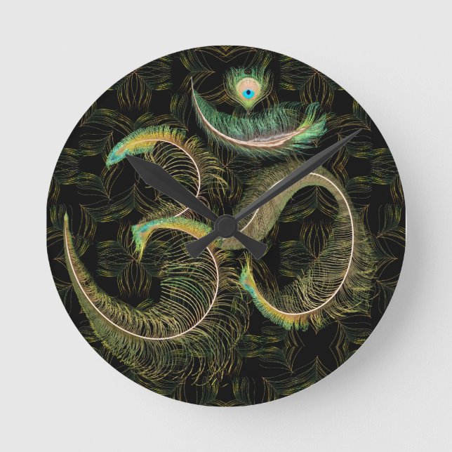 peacock feathered om black on black wall clock (Front)