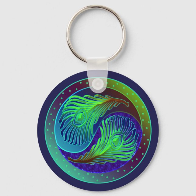 Peacock Feathers 1 Yin Yang Key Ring (Front)