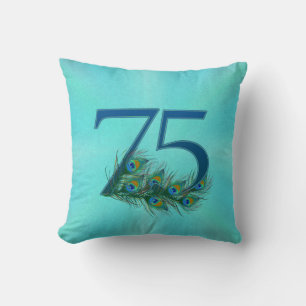 Peacock Feathers 75 Birthday Anniversary Milestone Cushion