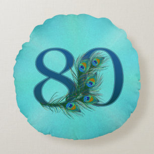 Peacock Feathers 80 Birthday Anniversary Milestone Round Cushion
