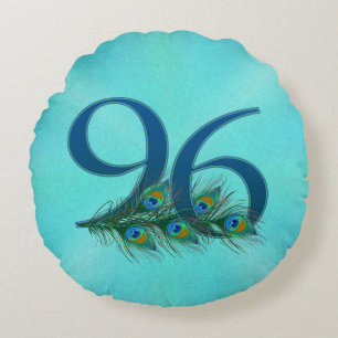 Peacock Feathers 96 Birthday Anniversary Milestone Round Cushion