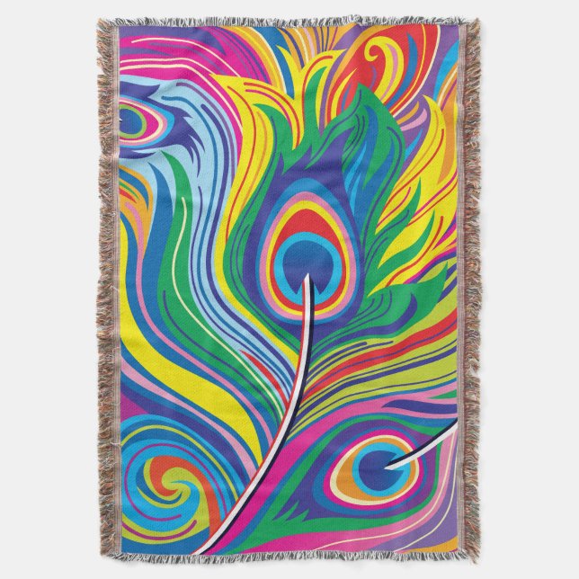 Peacock Feathers Abstract Art Throw Blanket (Front Vertical)
