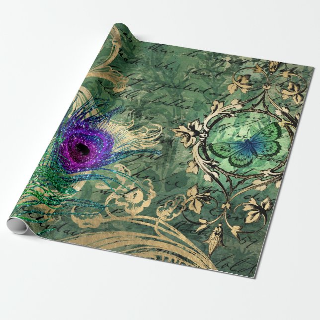 Peacock Feathers and Butterfly Wrapping Paper (Unrolled)