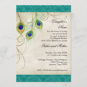 Peacock Feathers Aqua Damask Quinceanera Party Invitation