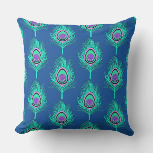 Peacock Feathers, Aqua on Deep Cobalt Blue Cushion