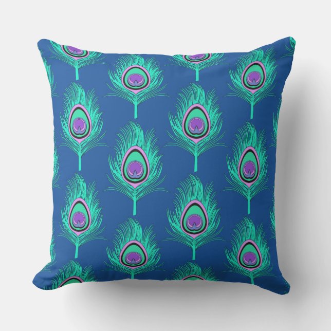 Peacock Feathers, Aqua on Deep Cobalt Blue Cushion (Front)