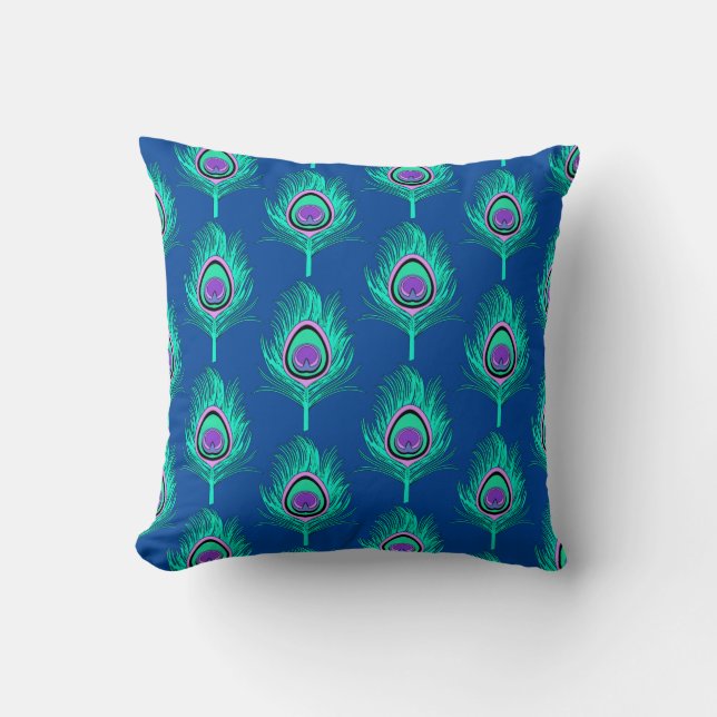 Peacock Feathers, Aqua on Deep Cobalt Blue Cushion (Front)