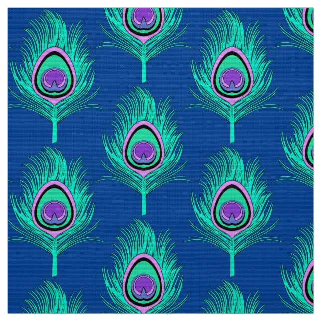 Peacock Feathers, Aqua on Deep Cobalt Blue Fabric (Swatch)