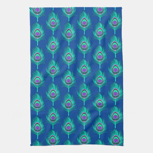 Peacock Feathers, Aqua on Deep Cobalt Blue Tea Towel (Vertical)