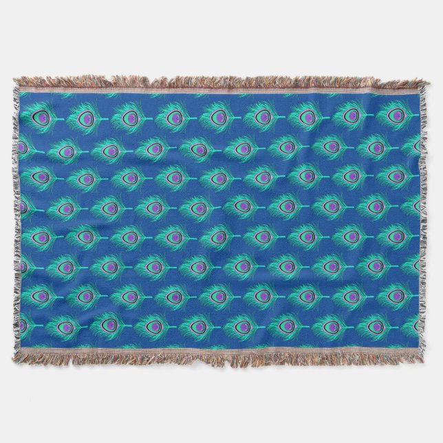 Peacock Feathers, Aqua on Deep Cobalt Blue Throw Blanket (Front)