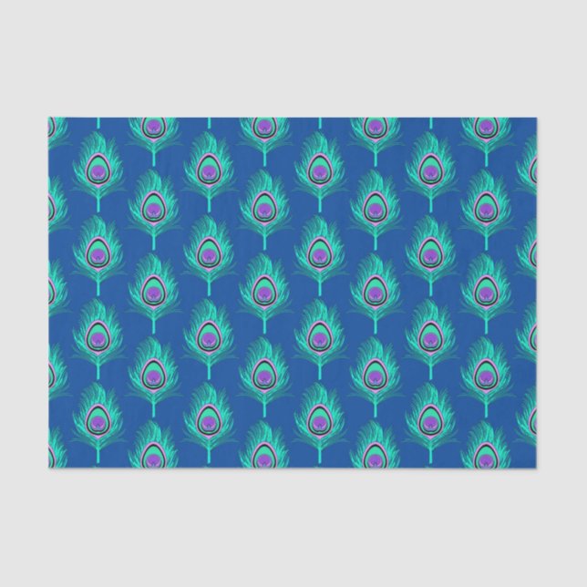 Peacock Feathers, Aqua on Deep Cobalt Blue Tissue Paper (Front)