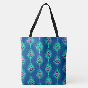 Peacock Feathers, Aqua on Deep Cobalt Blue Tote Bag