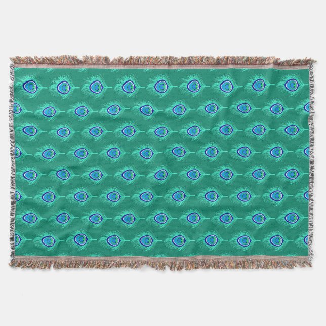 Peacock Feathers, Aqua on Turquoise / Peacock Blue Throw Blanket (Front)