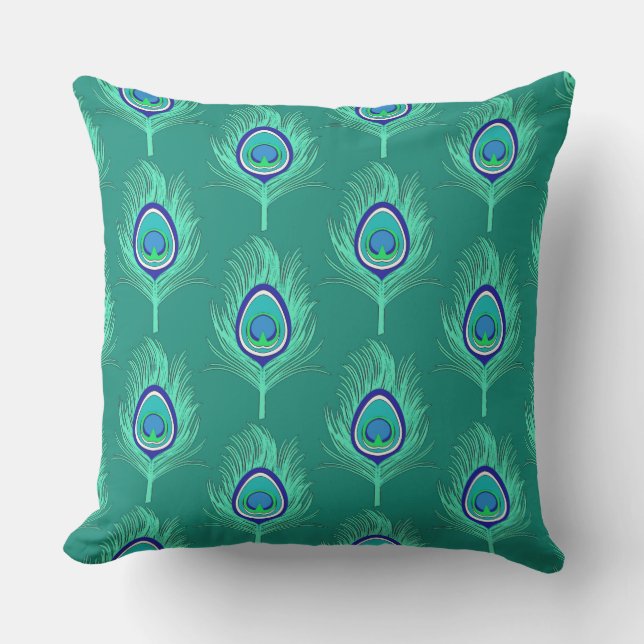 Peacock Feathers, Aqua on Turquoise / Peacock Cushion (Front)