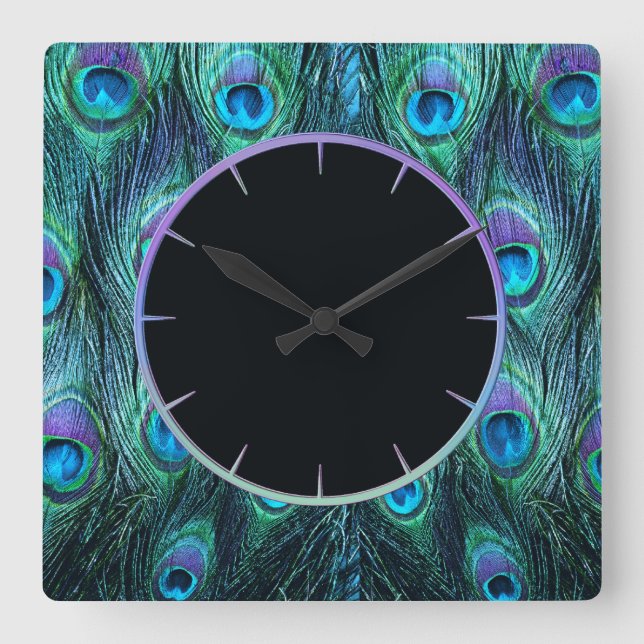Peacock Feathers Aqua Square Wall Clock (Front)