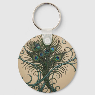 Peacock Feathers Art Nouveau Ornate Teal Frame Key Ring