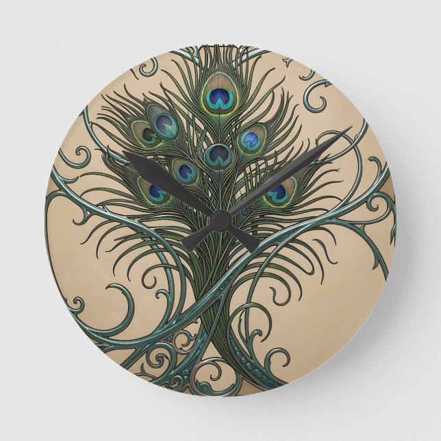 Peacock Feathers Art Nouveau Ornate Teal Frame Round Clock (Front)