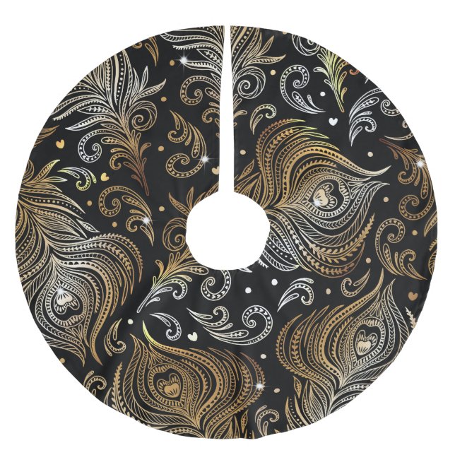 Peacock Feathers: Artistic Freehand Drawing. Brushed Polyester Tree Skirt (Front)
