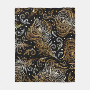 Peacock Feathers: Artistic Freehand Drawing. Fleece Blanket
