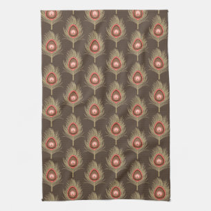 Peacock Feathers, Beige on Dark Chocolate Brown Tea Towel