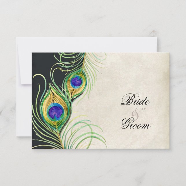 Peacock Feathers Black Damask RSVP Response Card (Front)