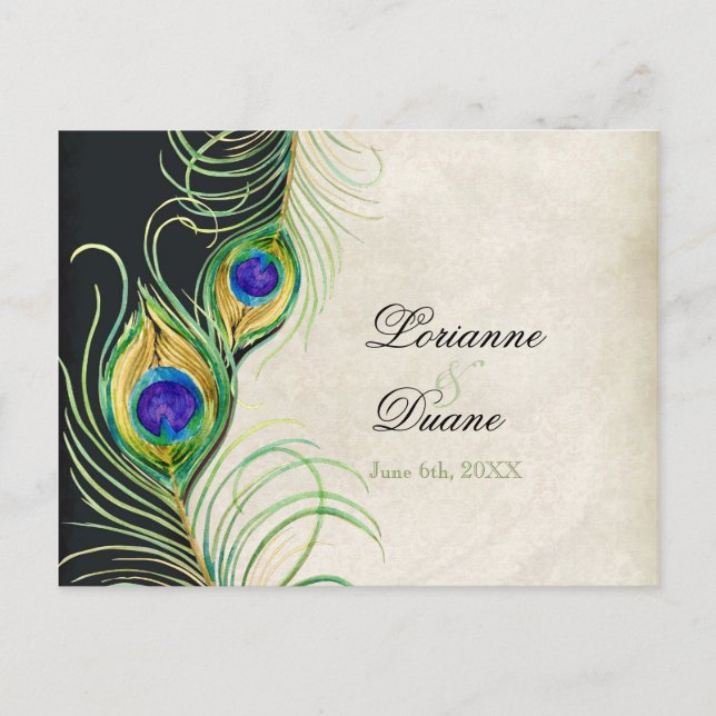 Peacock Feathers Black Damask RSVP Response Card (Front)