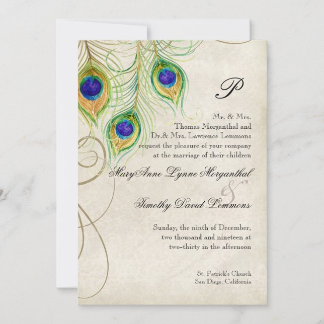Peacock Feathers Black Damask Wedding Stationery Invitation (Front)