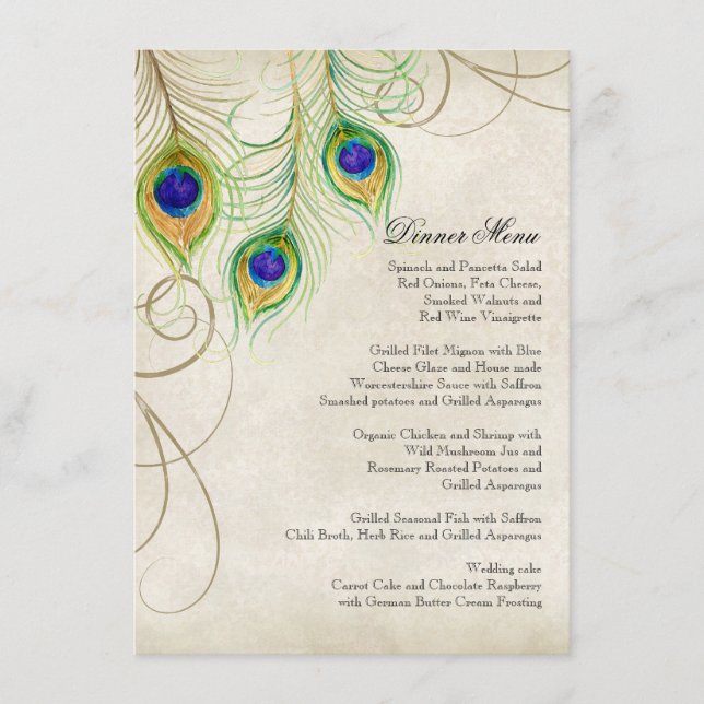 Peacock Feathers Black Damask Wedding Stationery Menu (Front)