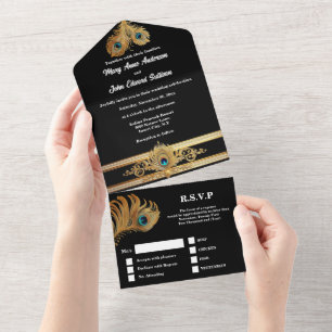 Peacock feathers black gold elegant wedding all in one invitation