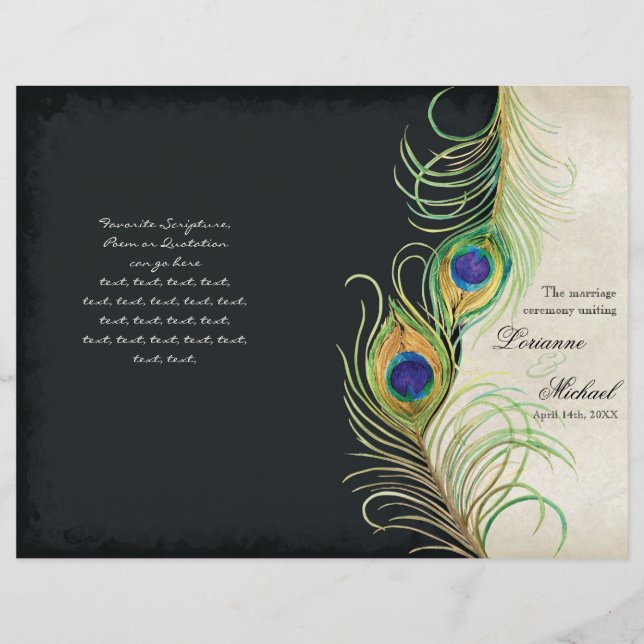 Peacock Feathers - Black, Wedding Program (Front)