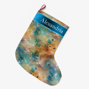 Peacock Feathers Blue Gold Christmas Name Large Christmas Stocking