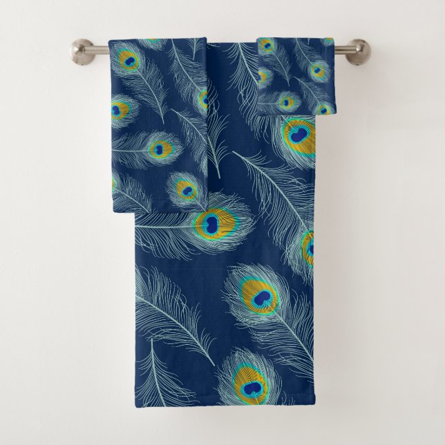Peacock Feathers Blue Pattern Bath Towel Set (Insitu)