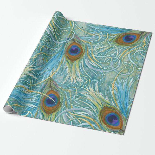 Peacock Feathers Blue Wrapping Paper (Unrolled)