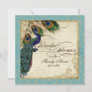 Peacock & Feathers Bridal Shower Invite Aqua Blue