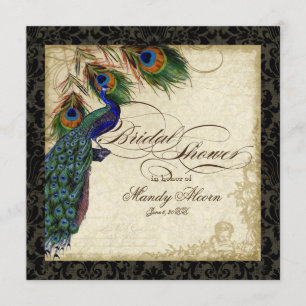 Peacock & Feathers Bridal Shower Invite Black Tan