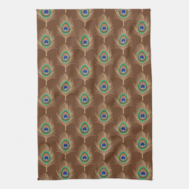 Peacock Feathers, Camel Tan on Chocolate Brown Tea Towel (Vertical)