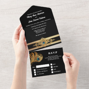 Peacock feathers elegant black gold minimalist  all in one invitation