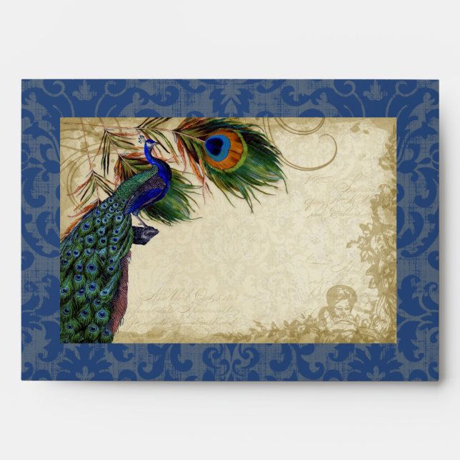 Peacock Feathers Elegant Classic Wedding Vintage Envelope (Front)