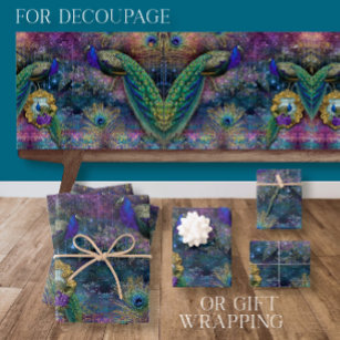 Peacock Feathers Elegant Glitter Pink Decoupage Wrapping Paper Sheet