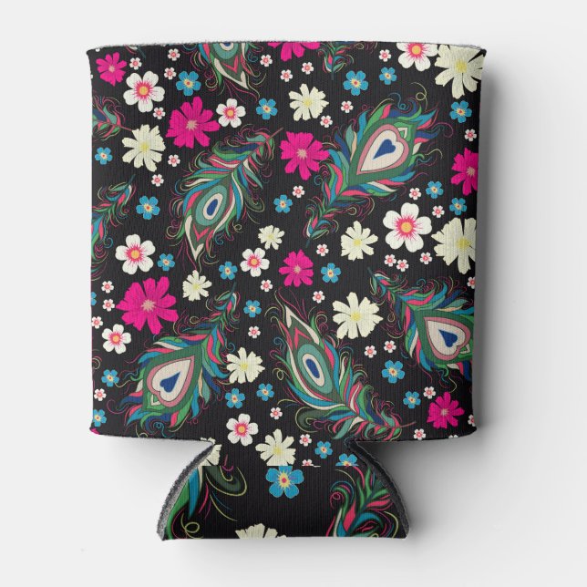 Peacock Feathers Embroidery Seamless Pattern Can Cooler (Front)