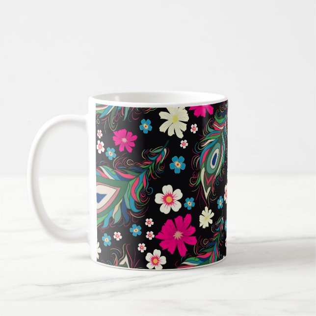 Peacock Feathers Embroidery Seamless Pattern Coffee Mug (Left)